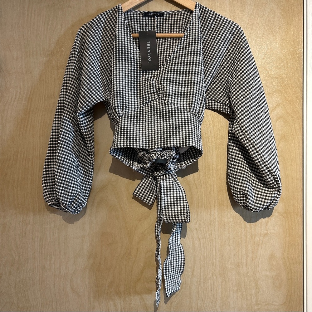 Trendyol (ASOS) black and white Gingham Tie-back Blouse